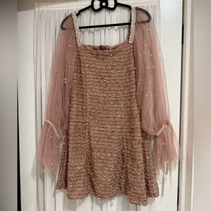 Elegant Beaded Dress with Sheer Sleeves
